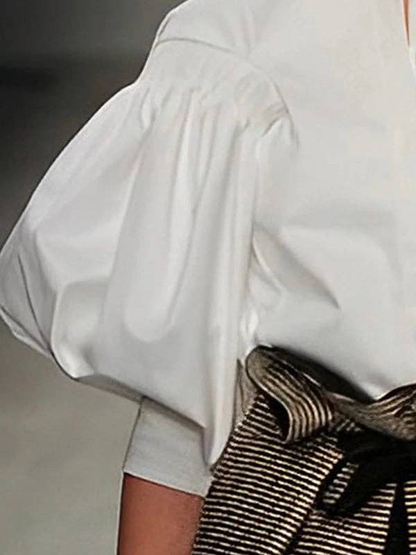 FurDecoration - Wholesale Blouse - Women's - Buttoned Puff Sleeve Solid Color Blouse