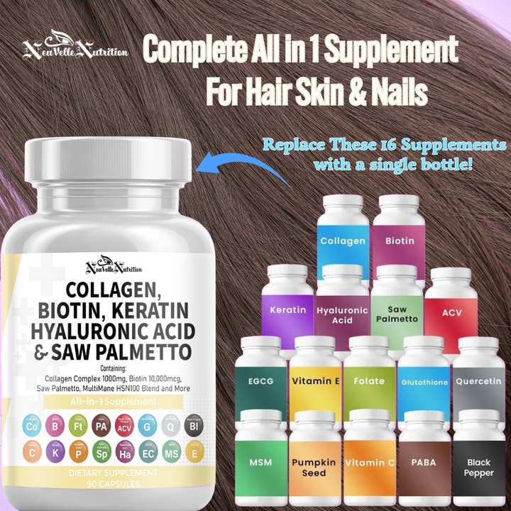 NeuVelle Nutrition - Wholesale Oral supplement/vitamin - Collagen, Biotin, Keratin, Hyaluronic Acid, Saw Palmetto, Vitamin C, PABA, Pumpkin Seed, Quercetin, ACV, Folate, MSM, Vitamin E & Black Pepper – 90 Capsules4