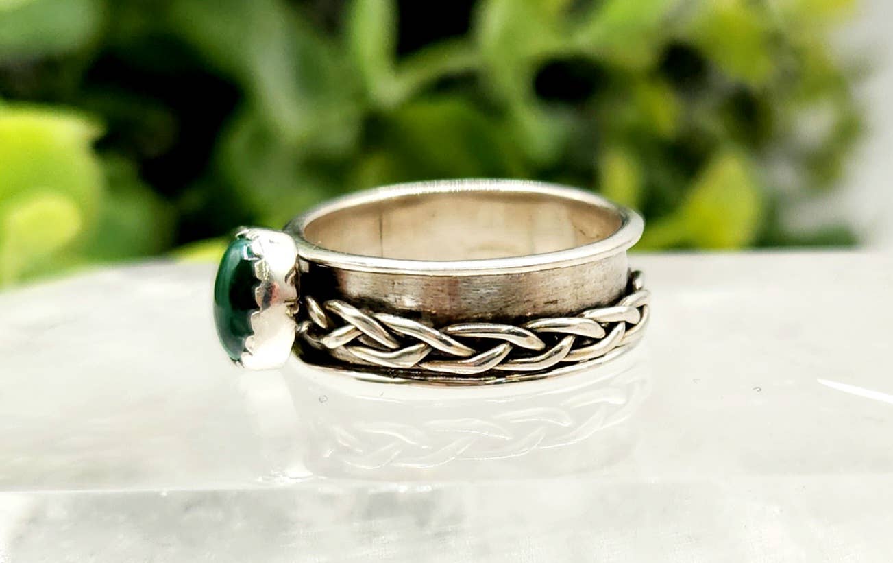 Meraki Gemstones - Wholesale Cocktail/Statement Ring - SPINNER RING-Sterling Silver/925-Malachite Gemstone w/Braid2