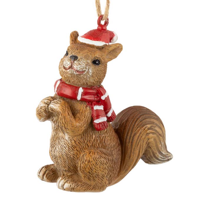 A01520: Painted resin squirrel,red scarf,hat orn,2.2in for wholesale by Silver Tree Home & Holiday