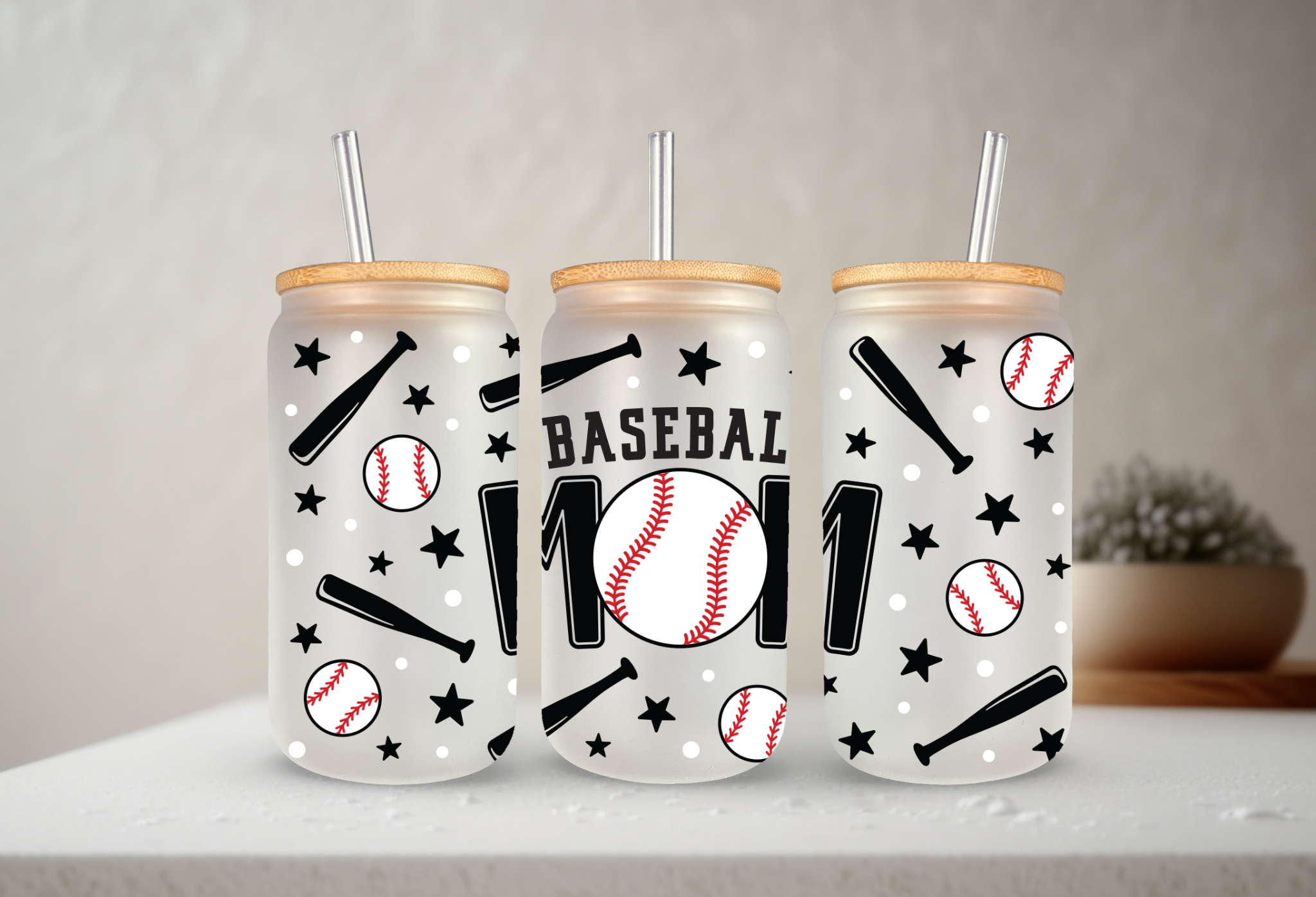 SKS Design Studio - Wholesale Drinking Glass/Cup - Baseball Mom | UVDTF | 20 oz Libbey Can Glass with Bamboo Lid & Straw0