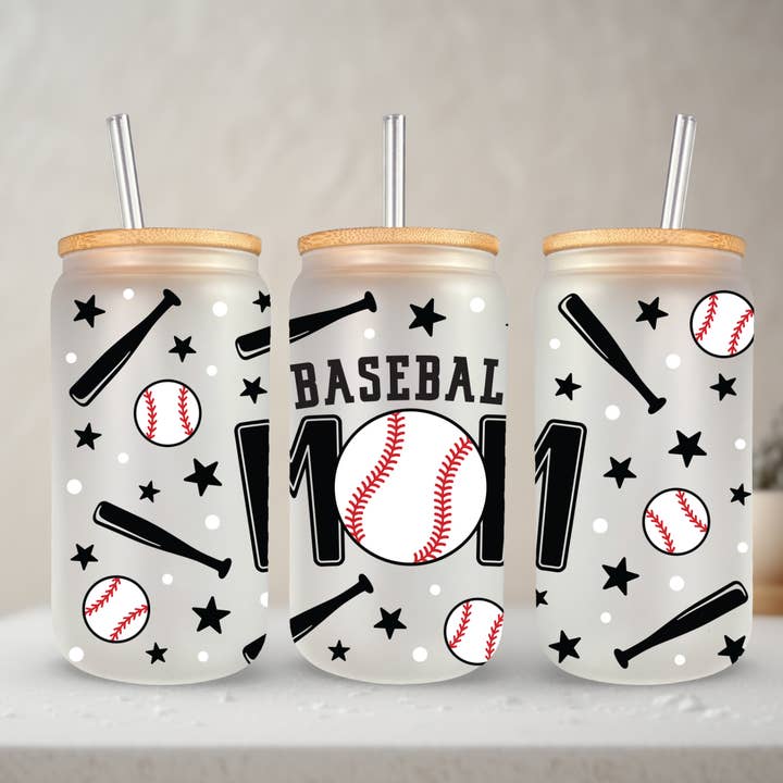 SKS Design Studio - Wholesale Drinking Glass/Cup - Baseball Mom | UVDTF | 20 oz Libbey Can Glass with Bamboo Lid & Straw