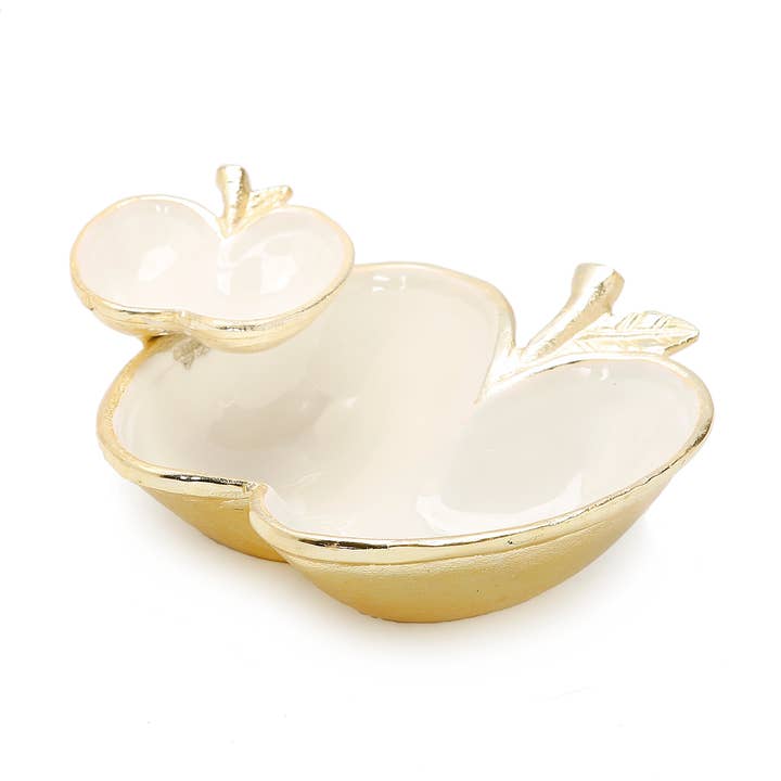 Plat à deux pommes blanc et doré pour la vente par CLASSIC TOUCH DECOR INC.