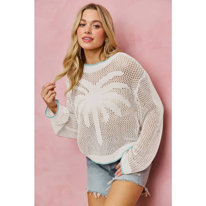 Palmboom Open Gebreide Trui met Contrasterende Band Top voor wholesale door IVE