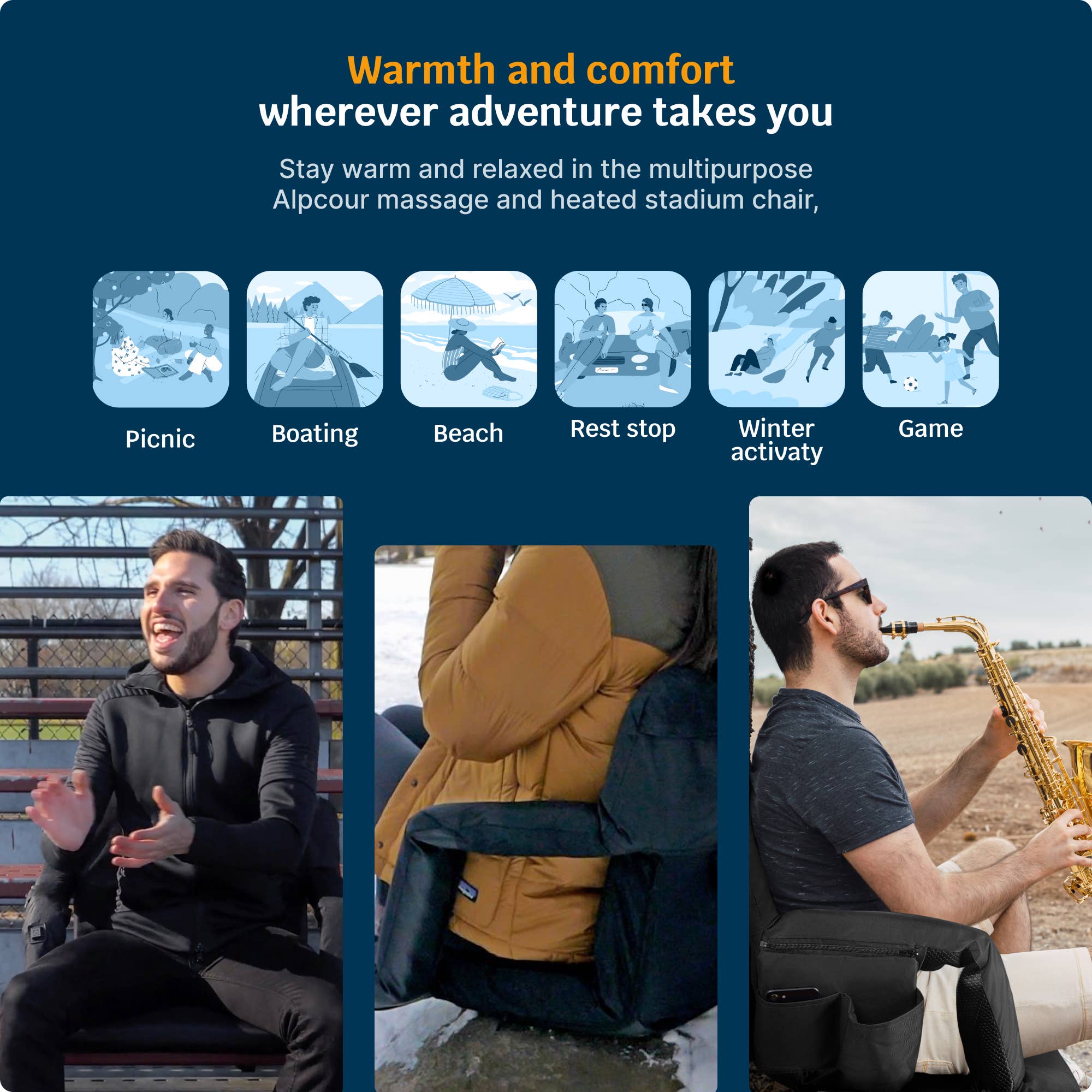 Black Alpcour Reclining Heated+Massage Stadium Seat with Armrests for wholesale on Faire6