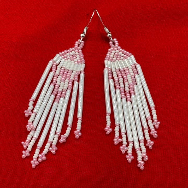 BEADS CORNER - Wholesale Dangle Earrings - Handmade Beaded Light Pink White Bugle Seed Bead Earrings