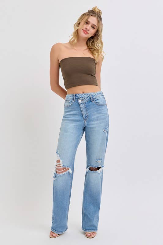 Light Denim 18584RS-LTD-Crossover Button Fly High Rise Dad Jeans for wholesale on Faire5