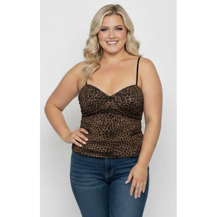 TOP CANOTTA TAGLIA FORTE IN RETE CON STAMPA LEOPARDO E BORDO IN PIZZO per la vendita all'ingrosso da parte di Curve Market