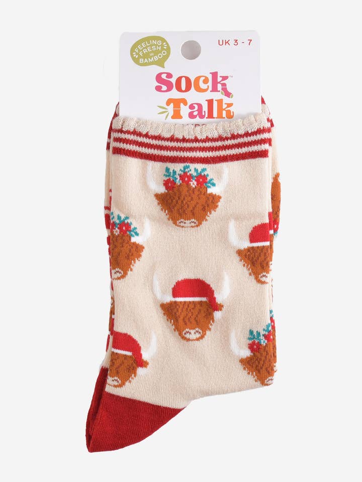 Sock Talk - Wholesale Socks – Women's - Women's Bamboo Socks - Cream/Red, Christmas Highland Cow12