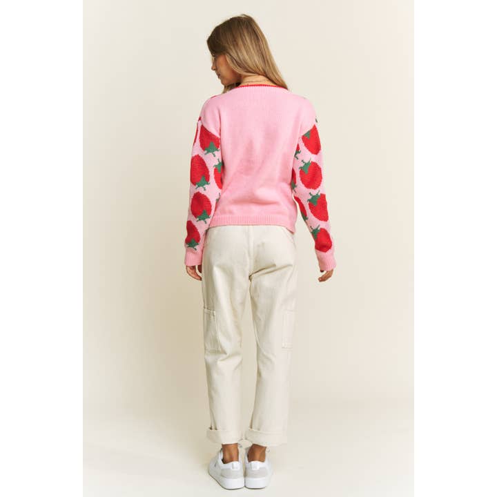 Pink Multi CUTE STRAWBERRY JACQUARD CASUAL PULLOVER SWEATER for wholesale on Faire11
