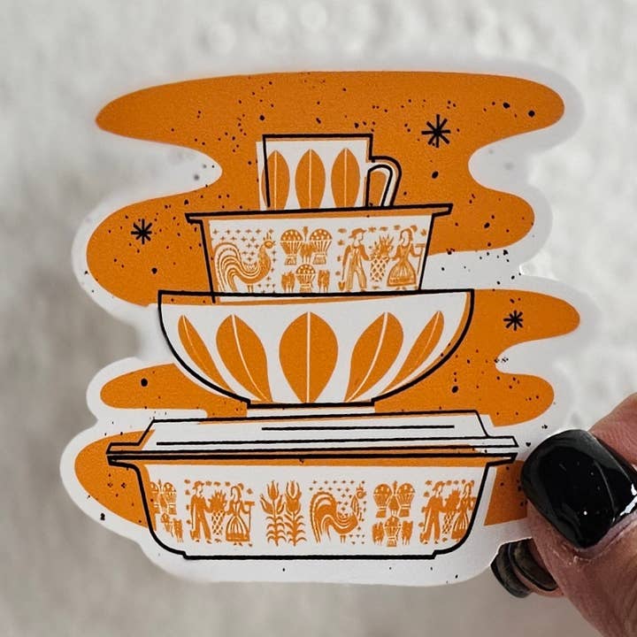 Pyrex Sticker - Pumpkin Butterprint & Orange Lotus Stack for wholesale by JoRetro