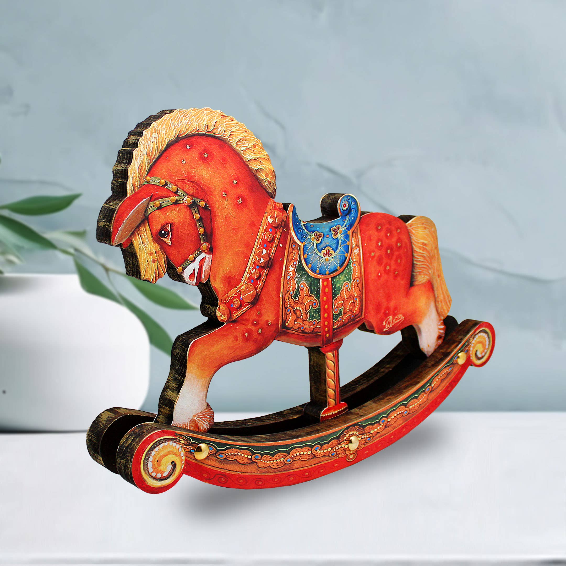 Designocracy - Wholesale Christmas Decoration - Rocking Horse Decorated Wooden Centerpiece Figurine DeBrekht4