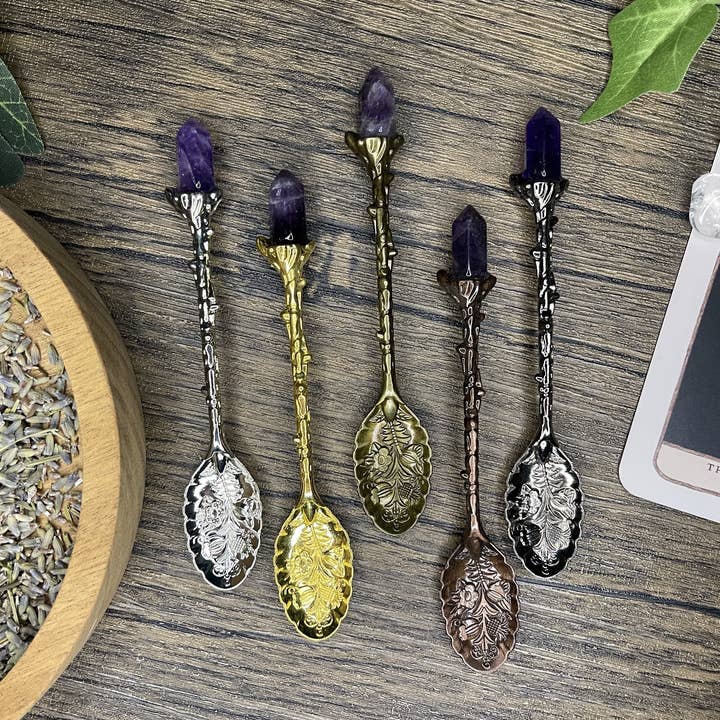 Moondust and Raven - Wholesale Meditation Supplies - Amethyst Crystal Spoon, Witchcraft Apothecary Supplies