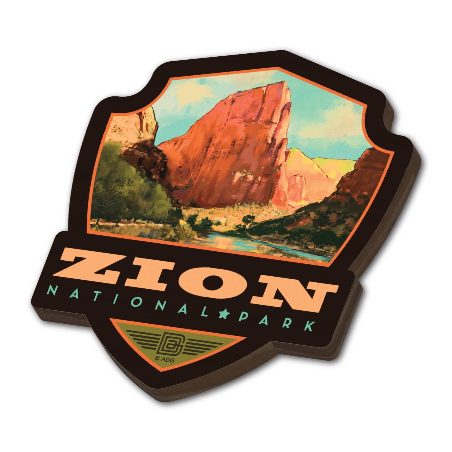 Tourist Courts - Wholesale Magnet - Zion NP Virgin River Valley Emblem Wood Magnet1