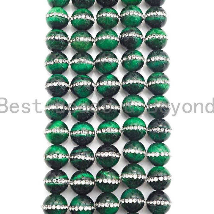 BestBeads&Beyond – Engroshandel Perler – Høj kvalitet Grøn Tiger Eye med Rhinestone indlagt, 6mm/8mm/10mm/12mm/14mm, Tiger øje Perler, 15,5" Fuld streng, SKU #V52