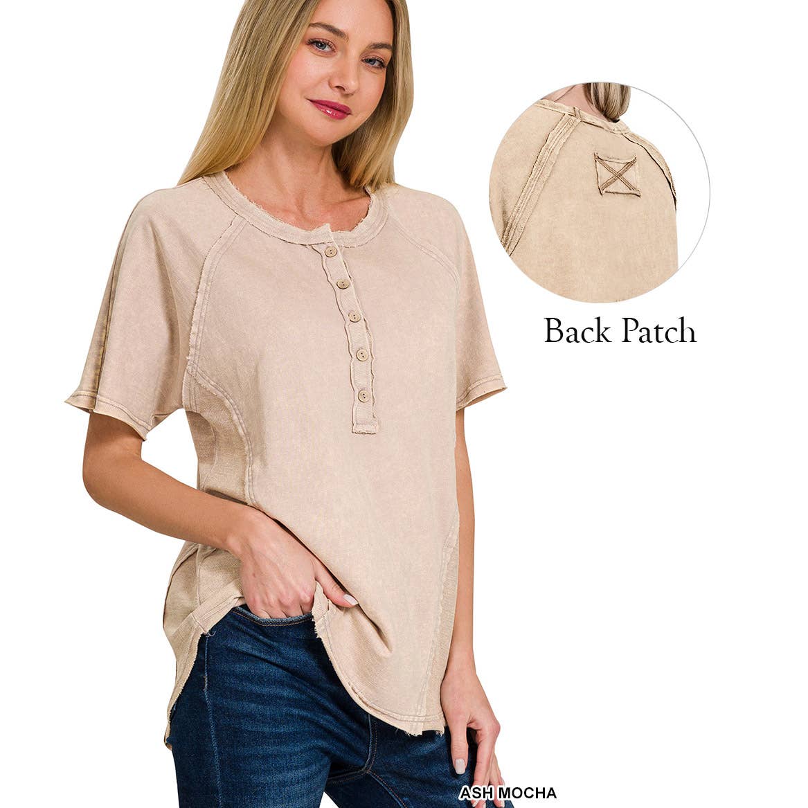 42POPS - Vente Haut en maille – femme - Haut à fermeture boutonnée avec bord brut lavé et détails1