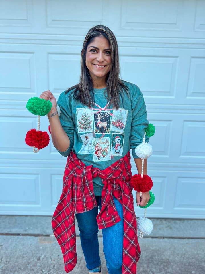 Southern Babe Wholesale - Wholesale Graphic Sweatshirt - Women's - CHRISTMAS STAMPS SWEATSHIRT (H GREEN)1