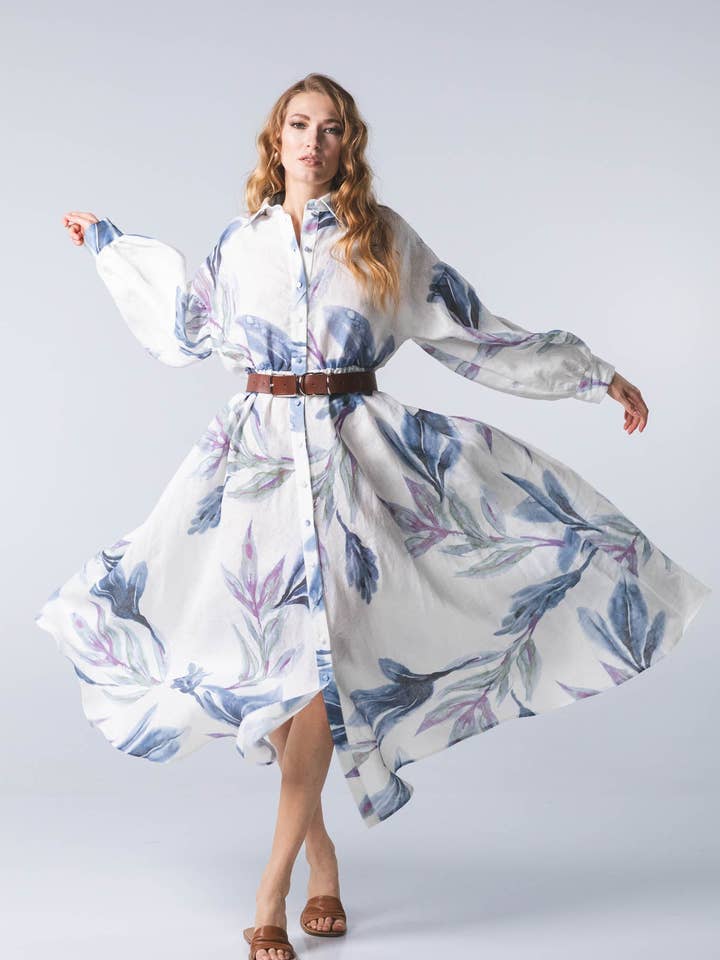 Vestido de lino con flores azules para venta al por mayor de simona bonacci