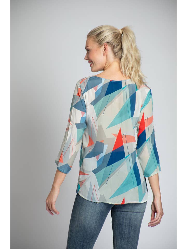No Color Multi Geo Print - 3/4 Sleeve V-neck Top for wholesale on Faire2
