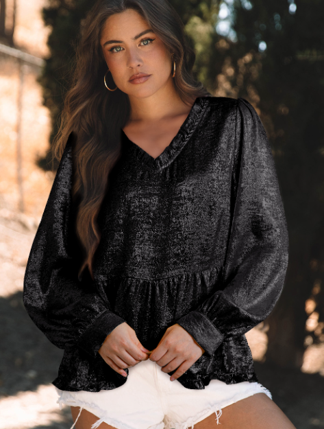 Lovesoft – wholesale Blus - Dam – Guld Metallic Volangerad V-ringad puffärm Babydoll-blus6