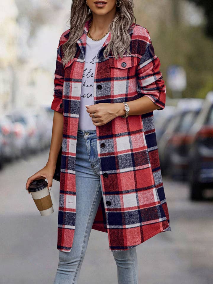 eLook - Vente Manteau – femme - Manteau long boutonné à carreaux SZ1-JK821131