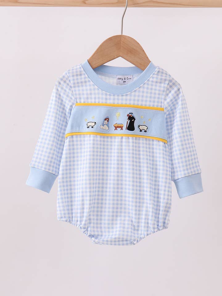 Blue nativity embroidery bubble for wholesale by Mom & Co.