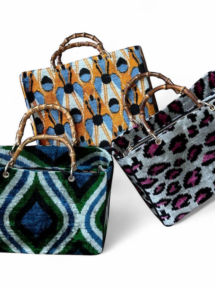 Silk Velvet Ikat Large Kuti Bag with Bamboo Handle for wholesale by AYCA DESIGN