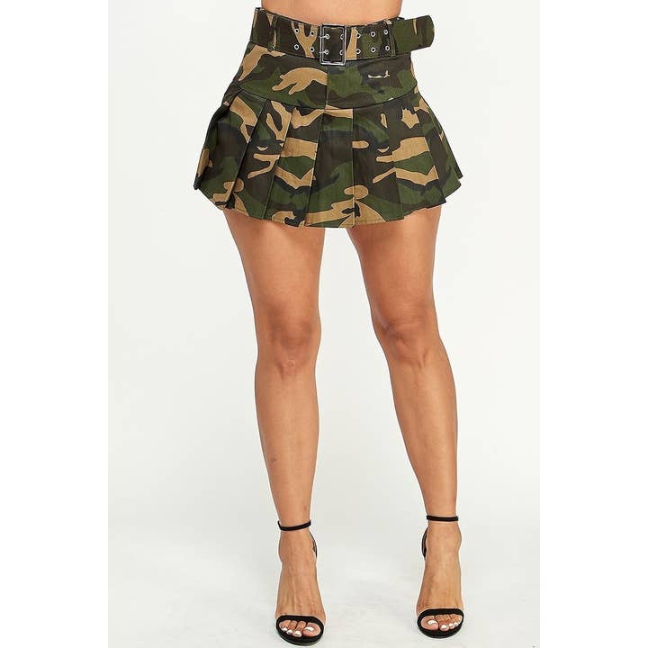 Camo print pleated mini skirt with a belt for wholesale on Faire
