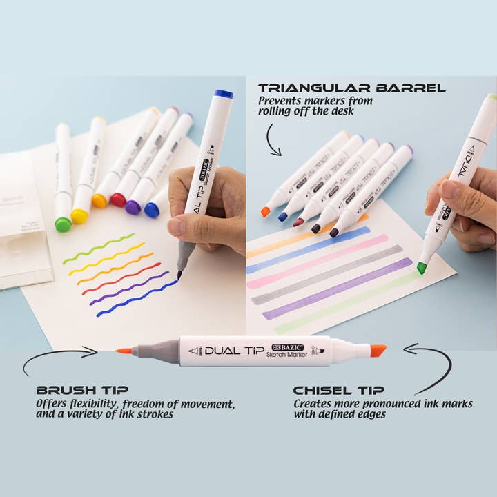BAZIC Products - Vente Marqueurs - Marqueurs à double pointe à base d'alcool, 6 couleurs primaires