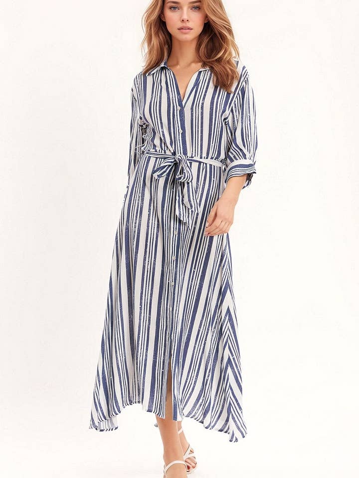 Striped Maxi Shirt Dress With 3/4 Sleeve and Belt in Blue an for wholesale on Faire