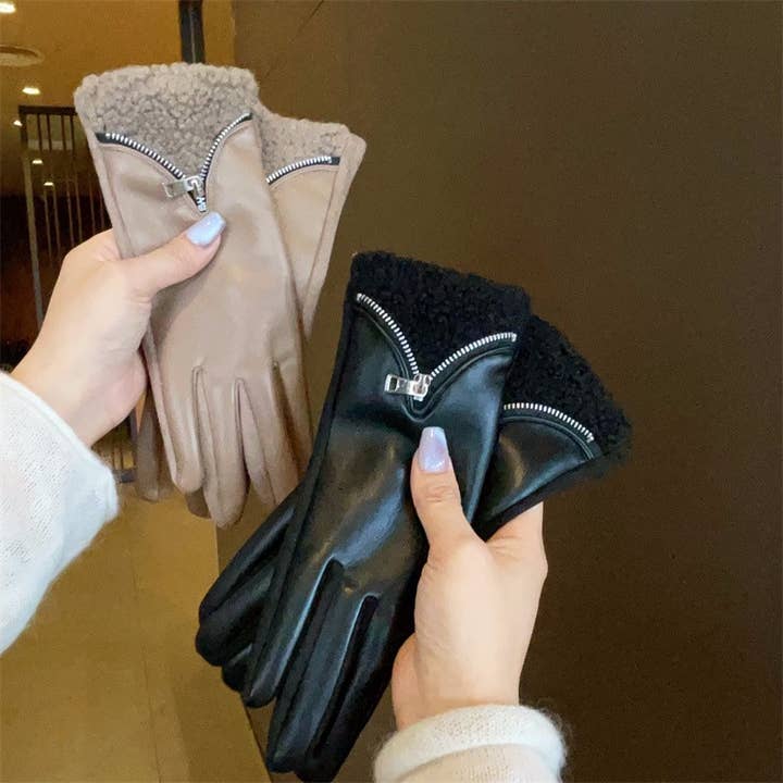 Gants en simili cuir avec doublure en polaire et détail zippé LG013 pour la vente par PEACH ACCESSORIES
