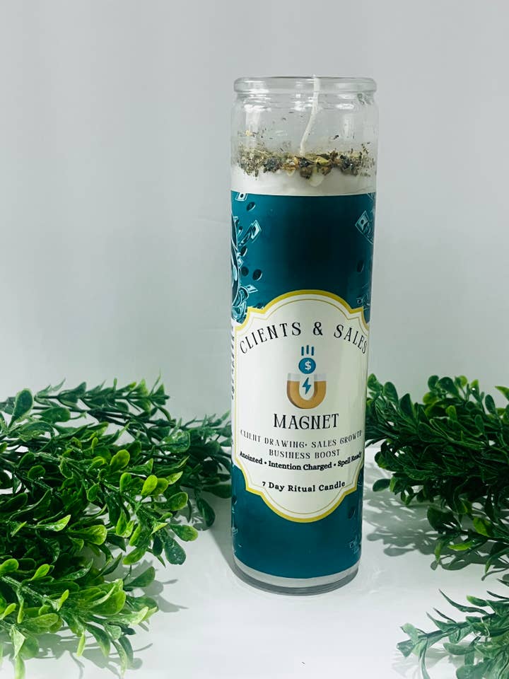 Clients & Sales Magnet-Ritual Candle with Crystals and Herbs for wholesale by Moonsence