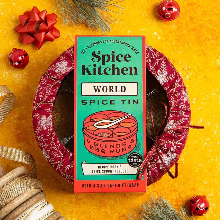 Spice Kitchen - Wholesale Dried Spice Mix - World Spice Tin Blends & Rubs and Silk Sari Wrap1