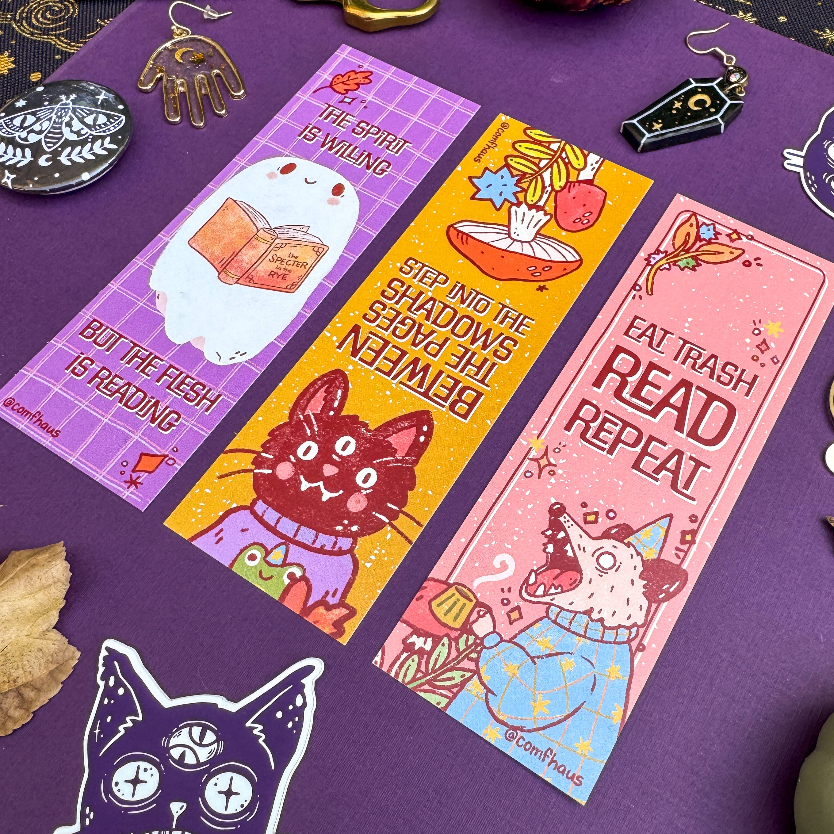 Comfhaus - Vente Marque-page - Signets Spooky Friends | 2 x 6 | Chat, opossum, fantôme7