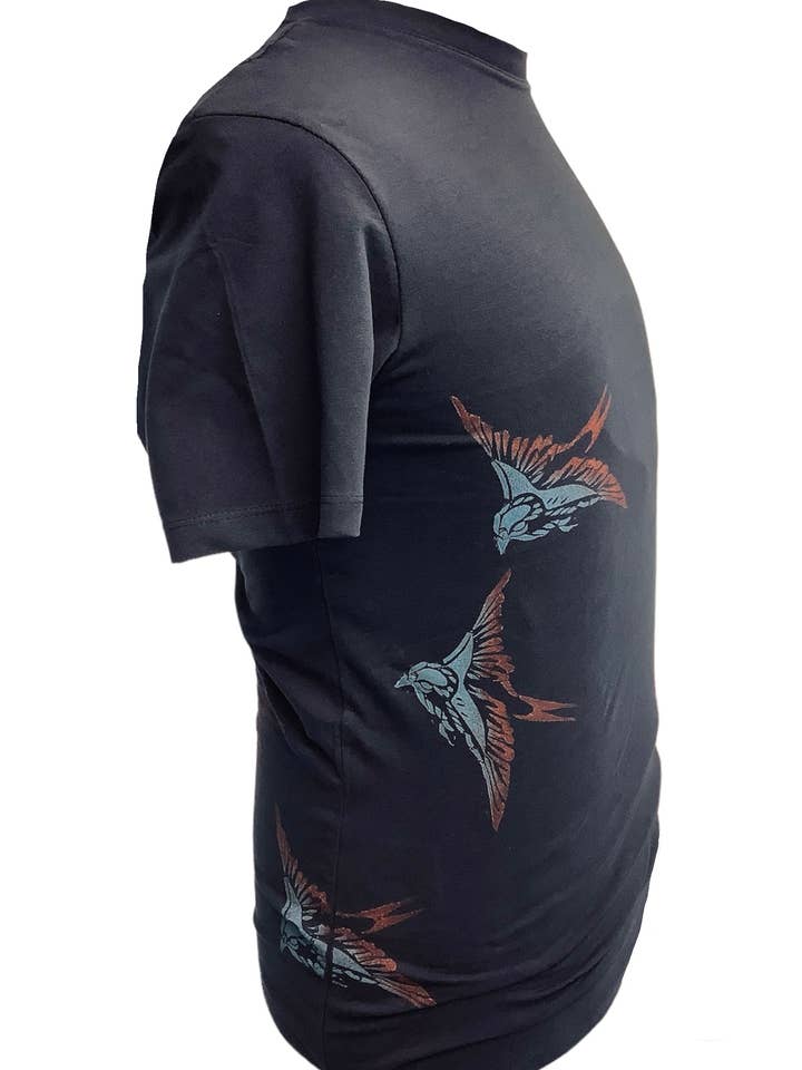 Impromptu Musé - Vendita all'ingrosso Maglietta serigrafata - Donna - T-shirt artistica grafica stampata a mano Navy Swallows1