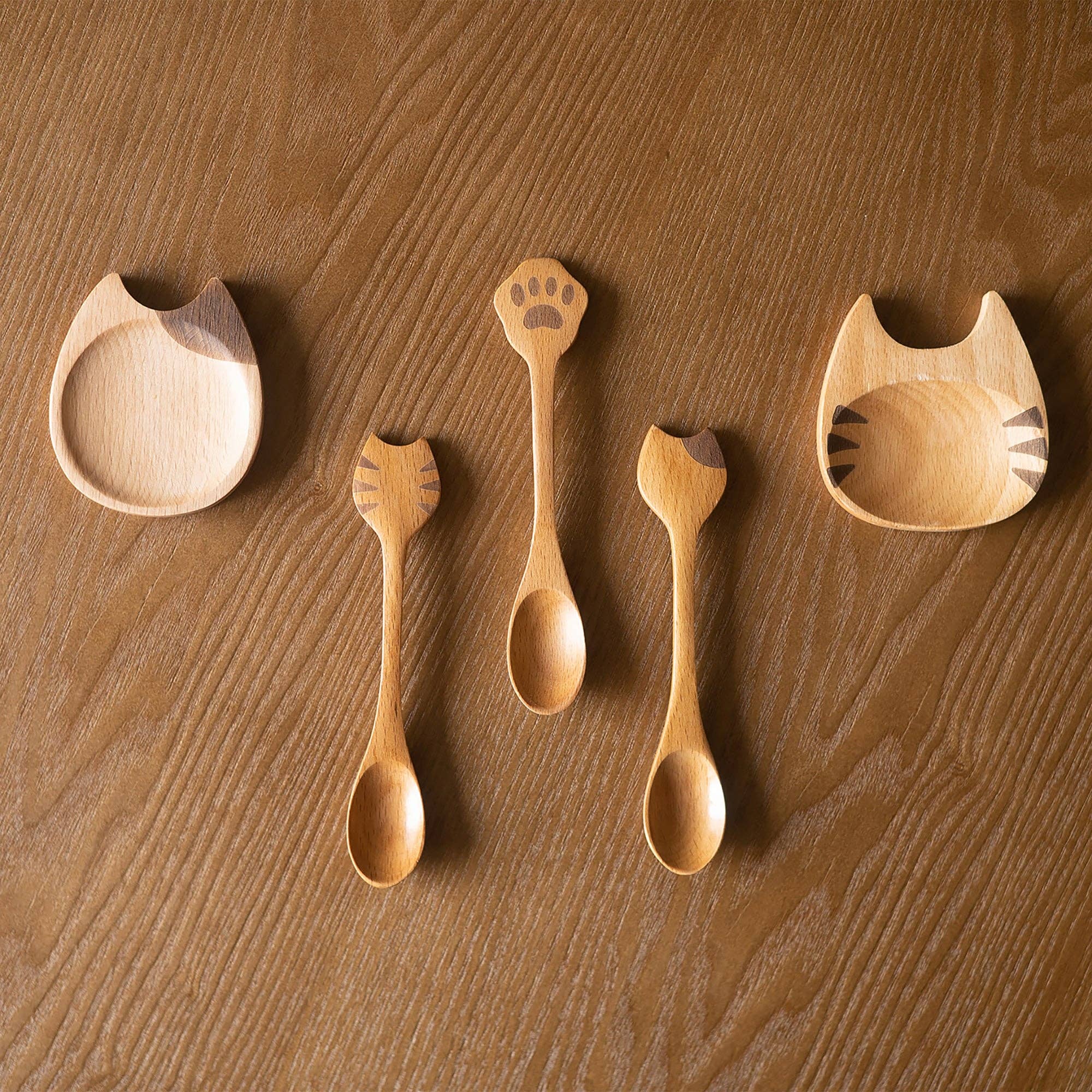 MinoCraft - Wholesale Serving Utensil - Wooden spoon and plate with cat pattern5