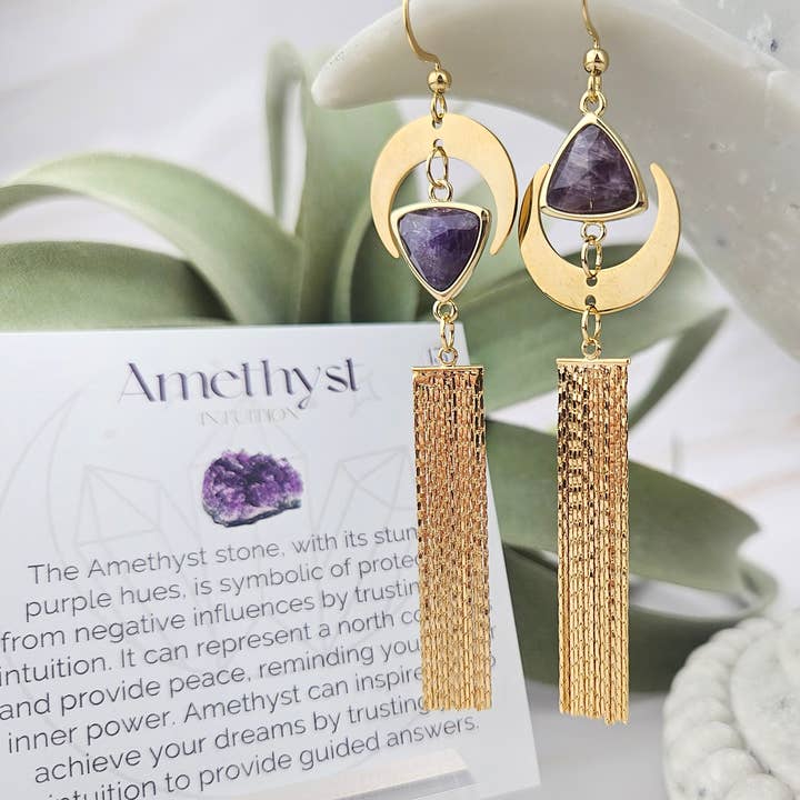 Crescent Moon Tassel Earrings - Amethyst / Intuition for wholesale by WonderLight Jewelry