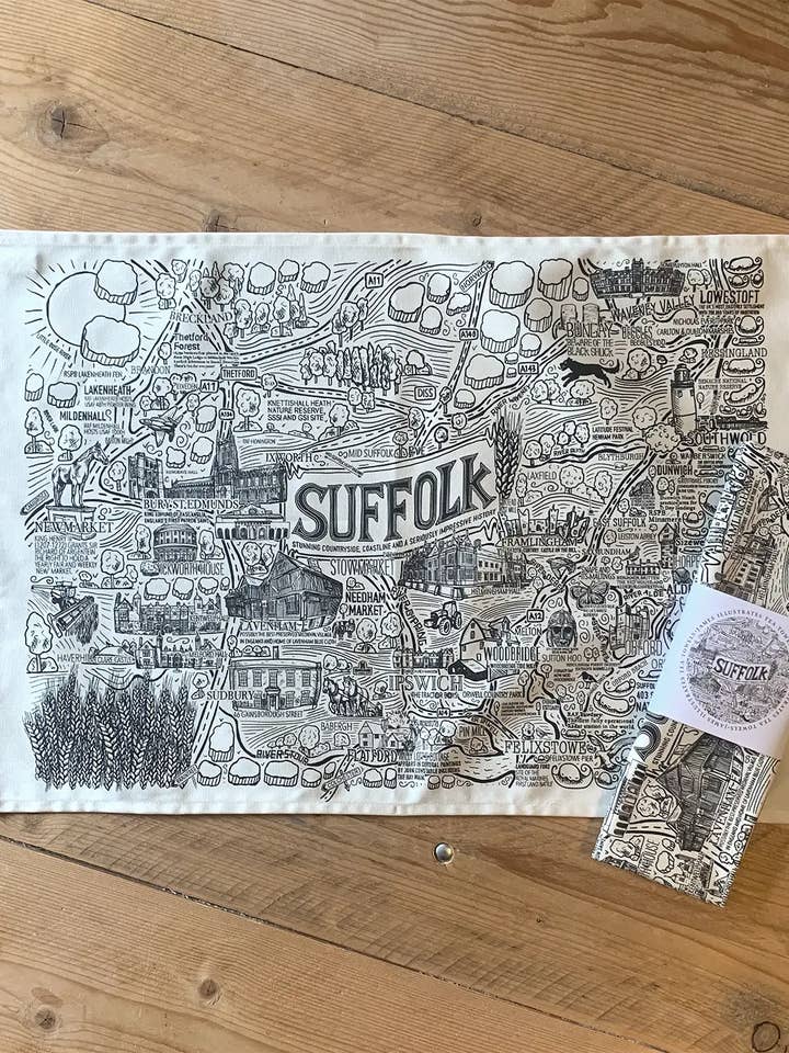 Suffolk heavy cotton tea towel with hand-drawn map for wholesale by James Illustrates