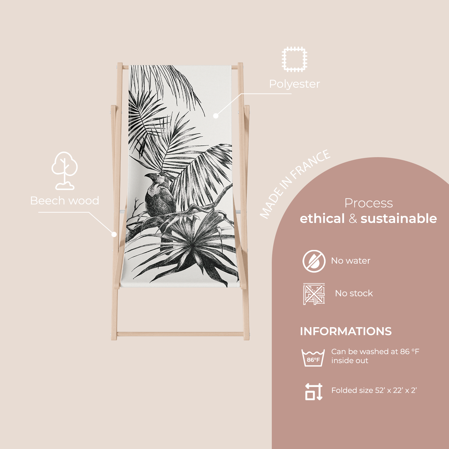 Héritage Studio – Cadeira de exterior por atacado – Deckchair Tropical Perroquet Preto, Branco, 100% Poliéster2