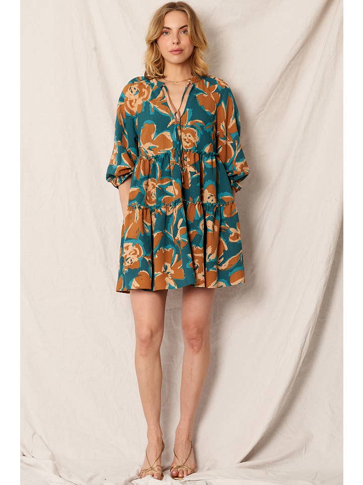 Teal Brown Printed 3/4 Sleeve Tiered Mini Dress for wholesale on Faire