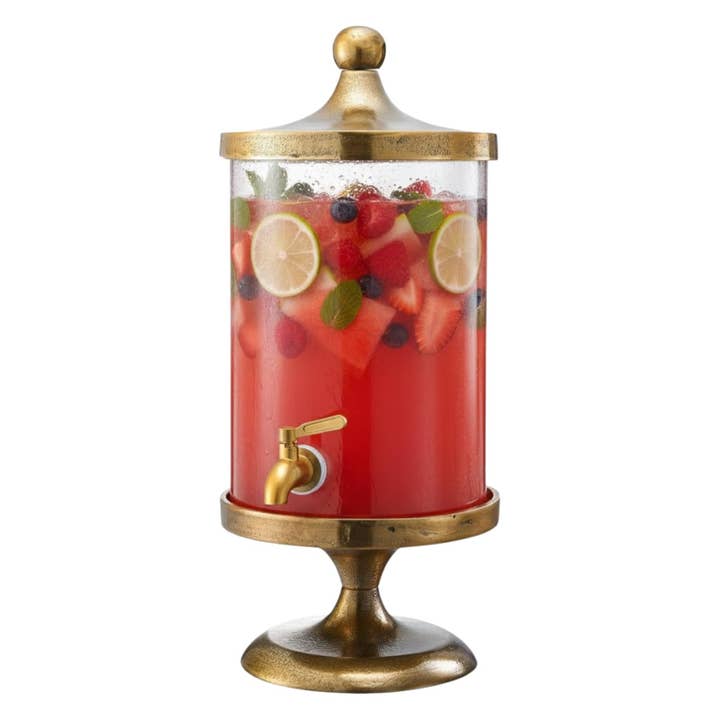 Distributeur de boissons en laiton doré et verre, 3 gallons pour la vente par The Wine Savant / Khen Glassware