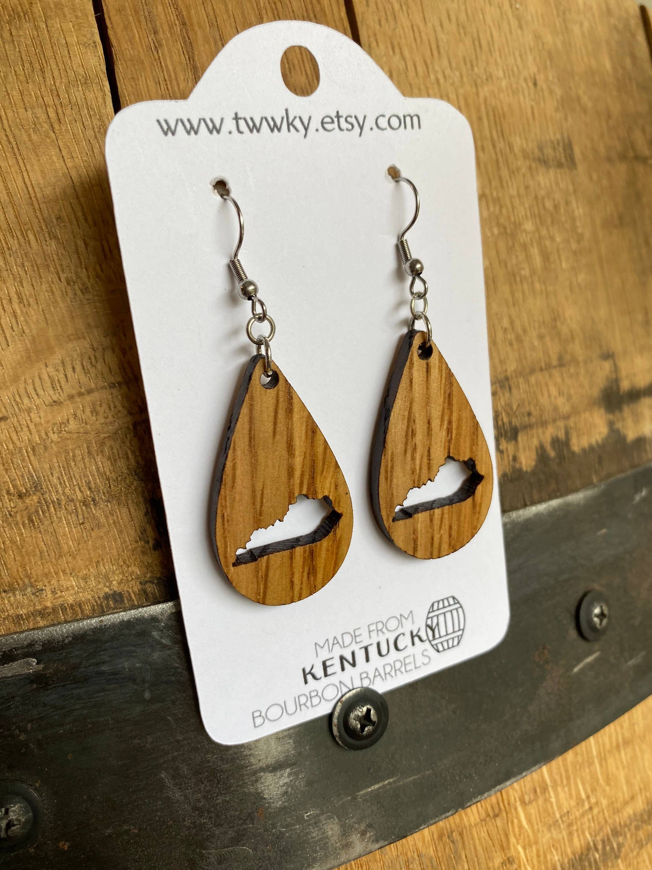 TWWKY - Wholesale Dangle Earrings - Kentucky Bourbon Barrel Reclaimed Wood Dangle Earrings4