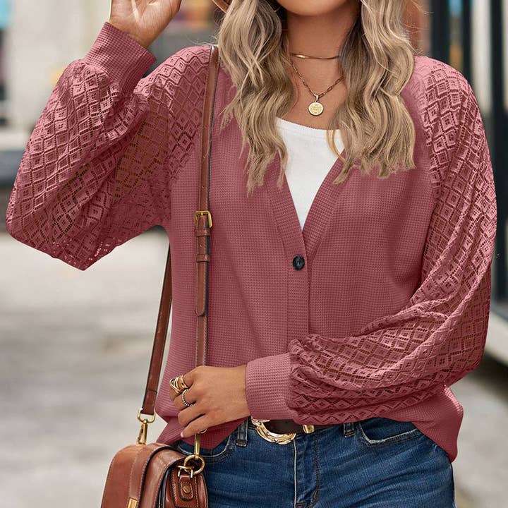 WOMEN LACE TRIM SLEEVED BUTTON UP SHIRT_CWTSTL0300 for wholesale by Lily Clothing