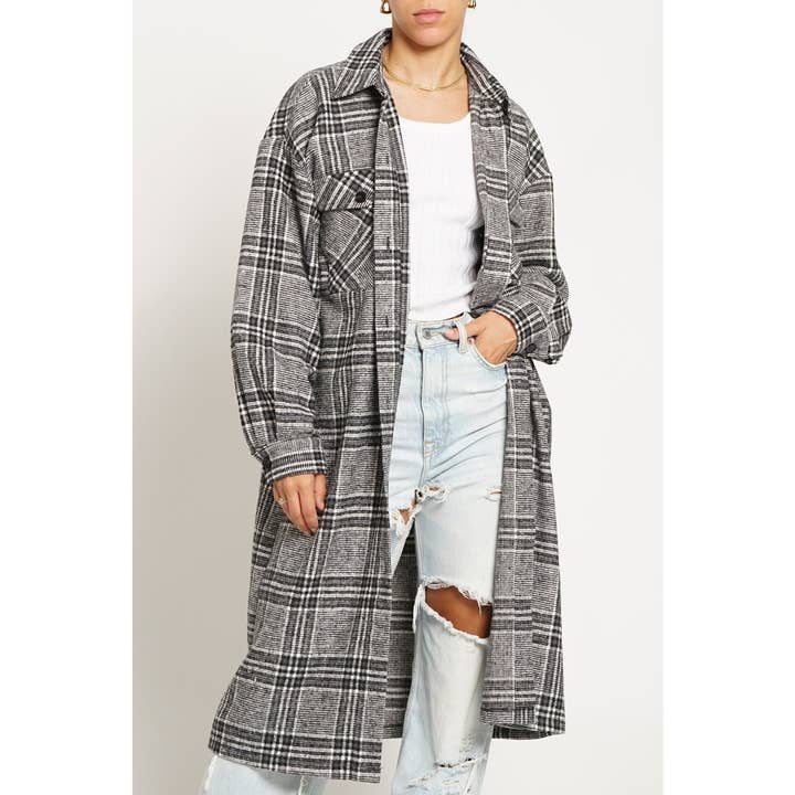 Grigio nero CAPPOTTO LUNGO IN TARTAN in vendita all'ingrosso su Faire0