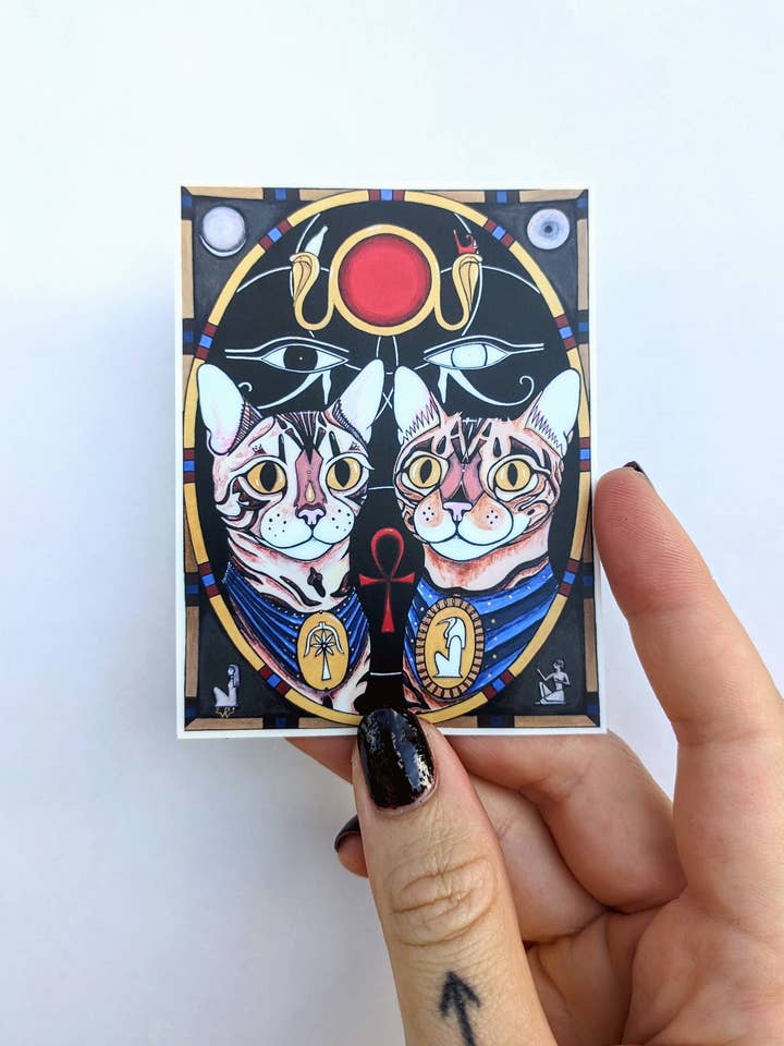 Adesivo artistico in vinile con gatti dell'antico Egitto con motivo Ankh per la vendita all'ingrosso da parte di Fendywitch Designs