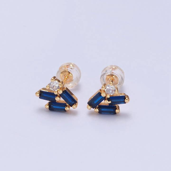 Dainty Mini Sapphire Blue Cz Baguette Stud Earring T-383 for wholesale by Aim Eternal