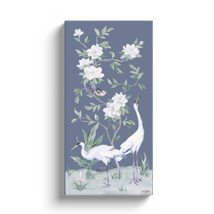Elizabeth Alice Studio - Wholesale Art Print - Cranes and Gardenias, a dark blue chinoiserie canvas wrap0