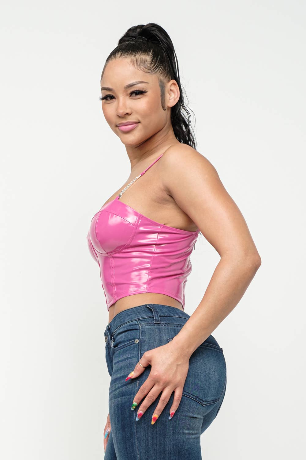 Julia by LoveJ - Wholesale Corset - Women's - Leather Solid Corset Style Chain Trim Strap Top2