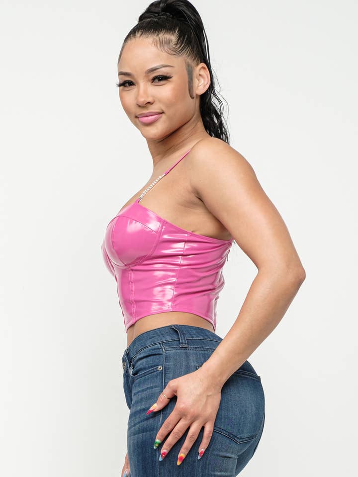 Julia by LoveJ - Wholesale Corset - Women's - Leather Solid Corset Style Chain Trim Strap Top2