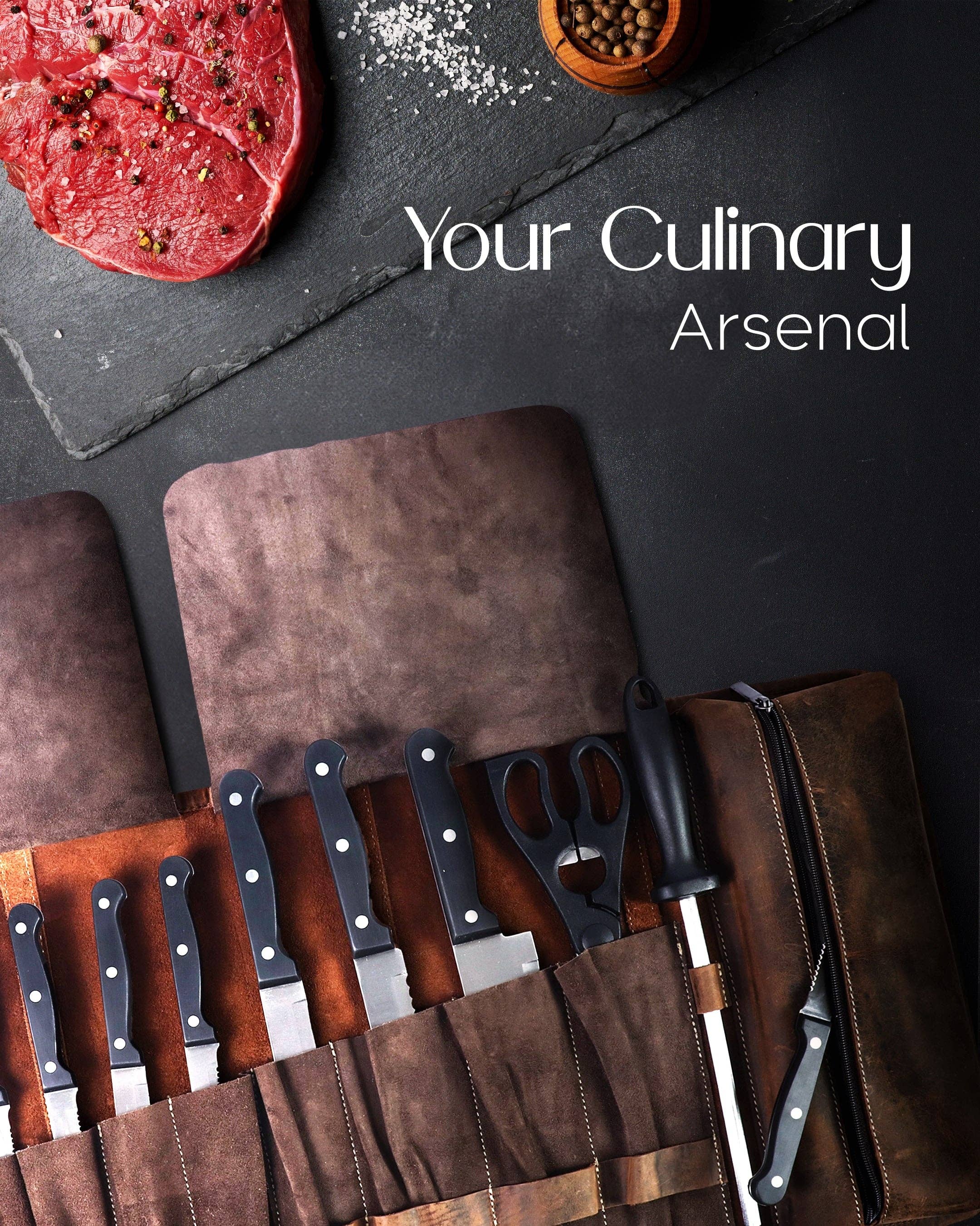 Brown Crazyhorse Leather Knife Roll Bag for Chefs Large Professional Bag for wholesale on Faire2